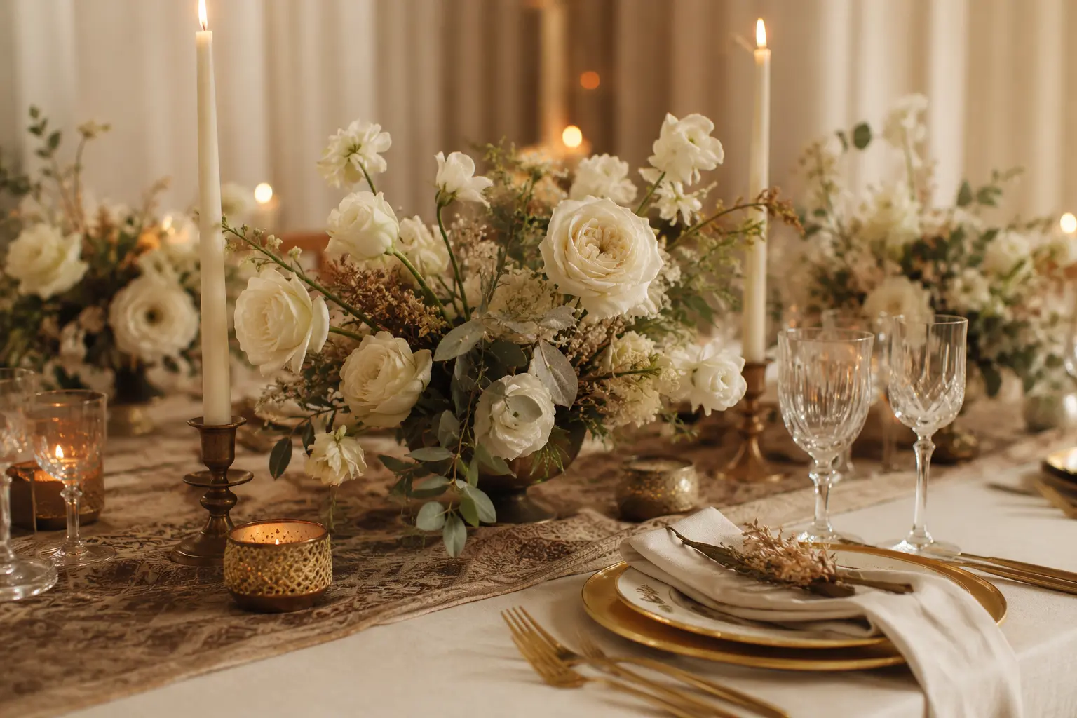 Refined wedding tablescape with ivory florals and antique-gold details