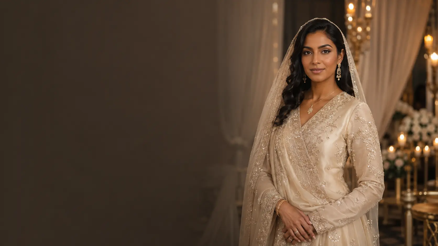 Elegant bride in refined ivory wedding attire