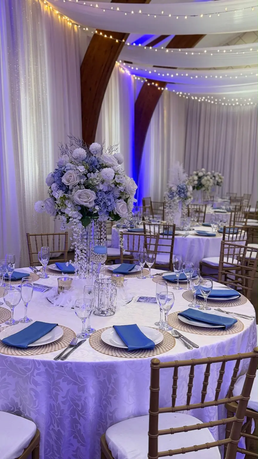Blue and white reception table styled by Khan Events