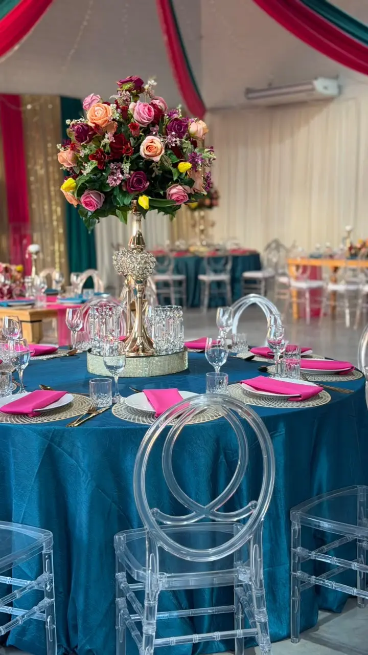 Colourful jewel-toned tablescape by Khan Events