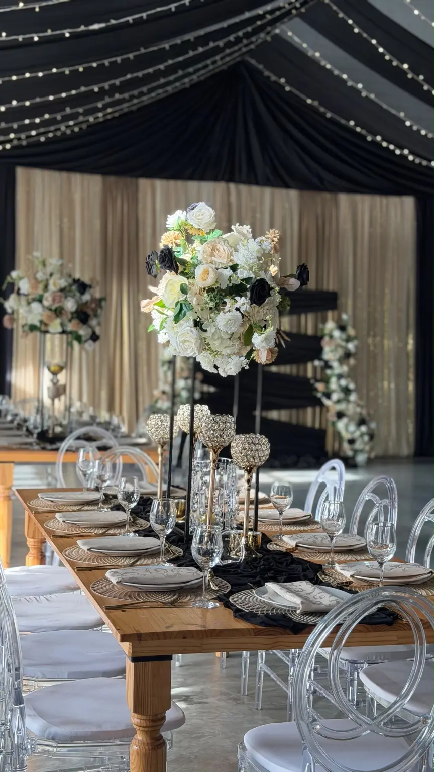 Neutral and black long-table wedding setting by Khan Events