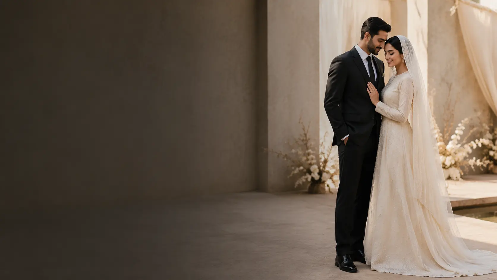 Elegant newlywed couple at a refined wedding celebration